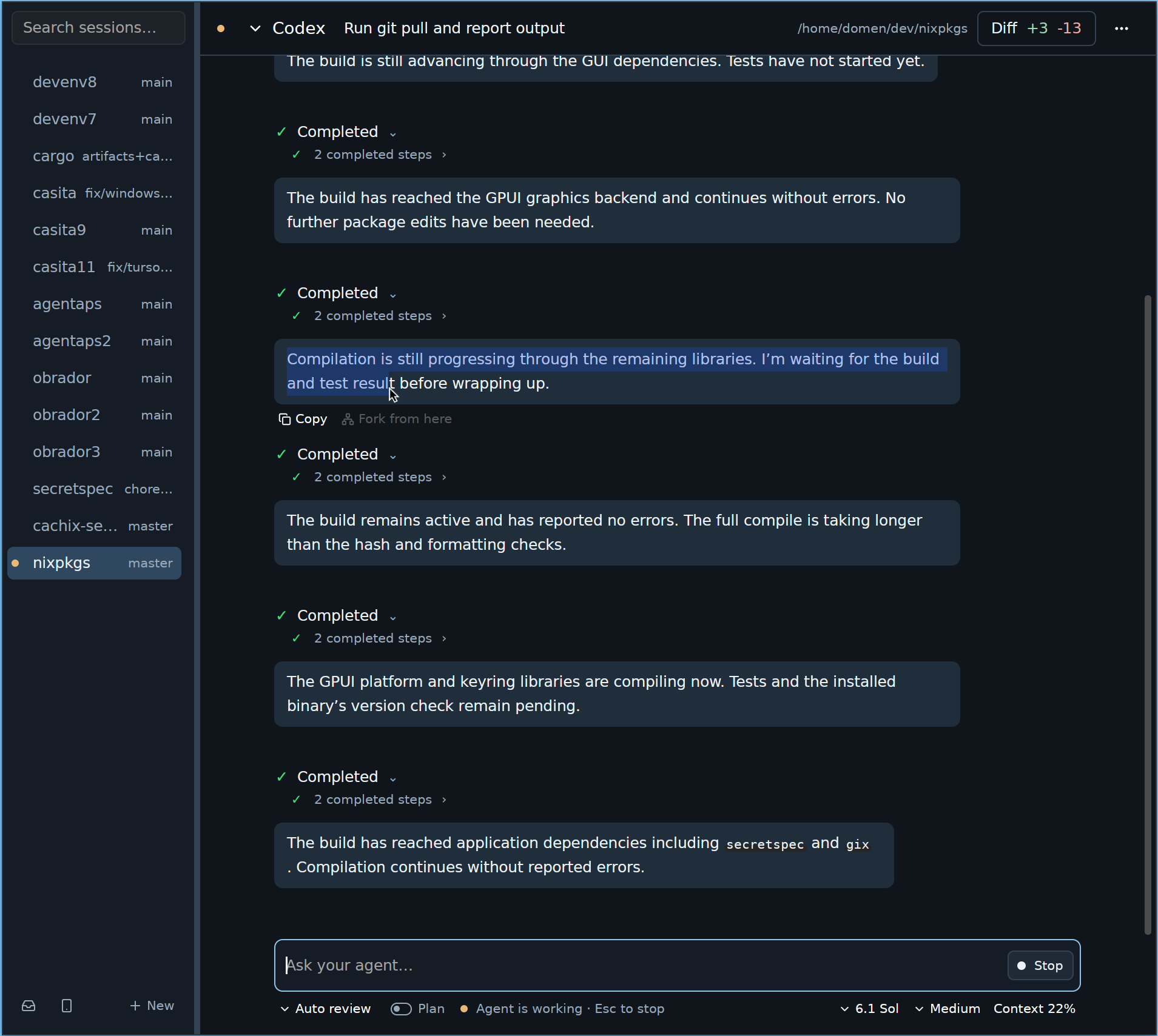 Agentaps desktop app showing project sessions, a Codex conversation, and agent controls